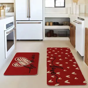 Rood keukenmat set met hartjes patronen en liefde print, antislip loper tapijt voor decoratie.