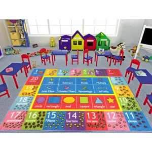 Children educational carpet detail showing numbers, math symbols, and geometric shapes clearly.