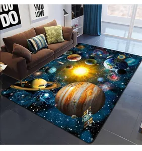 Detailed view of the 3D space galaxy planet living room rug showing vibrant universe printing.