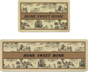 Vintage Toile de Jouy kitchen floor mat set with Home Sweet Home text for home decoration.