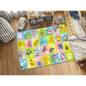 Kids educational alphabet rug with cute animal designs for playroom and bedroom decor.