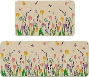 Watercolor floral kitchen floor mat set with vibrant tulips and lavender for home decor.