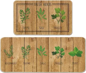 Kitchen floor mat set with wooden texture and herb prints, absorbent and non-slip design.