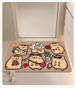Cute cartoon bear diatomaceous earth floor mat detail, absorbent and non-slip bathroom mat.