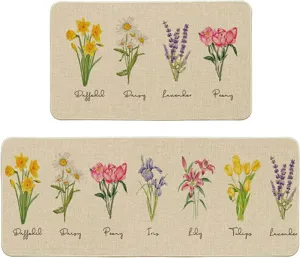 Botanical floral kitchen floor mat set detail showing watercolor flower patterns and names.