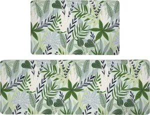 Botanical leaf pattern kitchen mat detail view, non-slip design, fresh decor style.