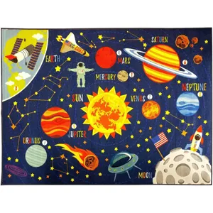 Kids solar system space rug for bedroom, educational planets area carpet with non-slip backing.