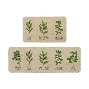 Botanical kitchen mat set with herb print, absorbent floor rug for home, kitchen, and entry.