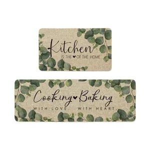Kitchen floor mat set, absorbent eucalyptus leaf print non-slip runner rug for home.