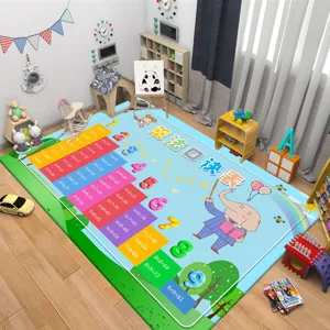 Vista detallada de la alfombra educativa infantil con tabla de multiplicar y simpático elefante.