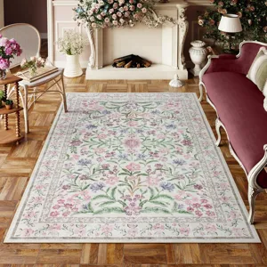 Vintage floral living room rug featuring elegant botanical patterns and cozy home scene.