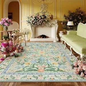 Vintage floral area rug for living room, non-slip easy clean decorative floor carpet.