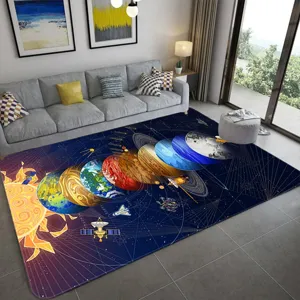 Modern 3D solar system cosmic area rug, stylish space planet bedroom and living room decor.