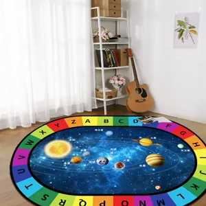 Round kids educational carpet featuring space solar system and alphabet design, ideal for bedroom.
