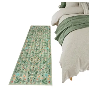 Vintage floral long runner rug for bedroom and kitchen, green anti-slip washable carpet.