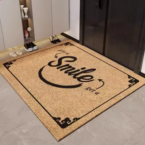 Primo piano dettagliato del tappetino d'ingresso decorativo in stile cocco con citazione allegra.