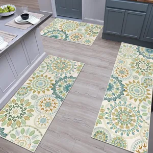 Kitchen floor mat set with floral mandala print, non-slip absorbent rugs for home decor.