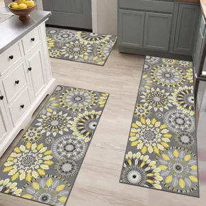 Kitchen floor mats set, grey and yellow floral printed non-slip absorbent area rugs for home.