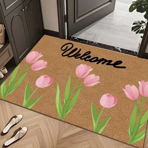Vue detaillee de tapis de porte d'entree tulipe, paillasson antiderapant maison.