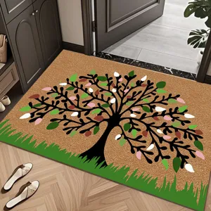 Vue détaillée du paillasson en imitation coco style américain avec motif d'arbre.