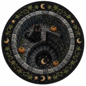 Detailed view of 3D optical illusion black cat round rug, spooky Halloween decorative floor mat.
