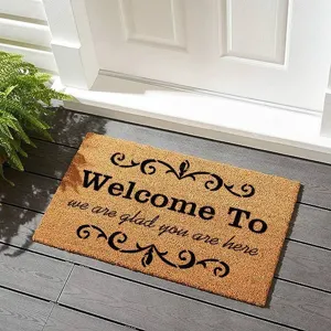 Paillasson d'entrée en fibre de coco durable avec texte, tapis de sol rustique pour maison.