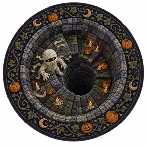 Close-up detail of 3D Halloween circular floor mat featuring spooky mummy and glowing pumpkins.