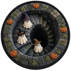 3D optical illusion Halloween round rug with cute ghosts and pumpkins for holiday decor.