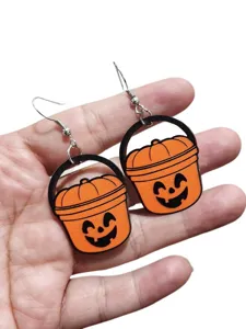 Halloween pumpkin bucket wooden earrings, cute spooky festival dangle drop jewelry gift.