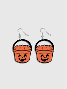 Halloween pumpkin bucket wooden drop earrings, cute jack-o-lantern holiday party fashion jewelry.