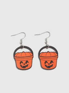 Detailed view of Halloween pumpkin basket wooden dangle earrings, featuring unique festive design.