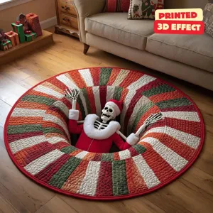 Weihnachten 3D Illusion runder Teppich mit Santa Skelett Design fuer gemütliche Dekoration.