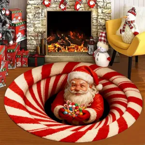 Weihnachts runder Teppich mit 3D Weihnachtsmann Design, weiche Pluesch Weihnachtsmatte zu Hause.