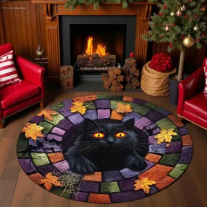 Gemütlicher runder Teppich mit 3D-schwarzer Katze und Herbstlaub für gemütliche Innendeko.