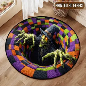 Details des runden 3D-Halloween-Hexen-Teppichs, weiche Plüsch-Bodenmatte für Wohnkultur.
