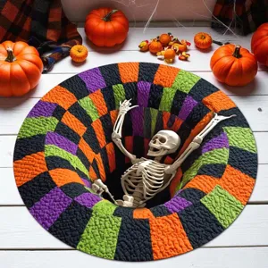 Halloween 3D Illusion Skelett runder Teppich, weicher Kaschmir-Teppich für festliche Raumdeko.