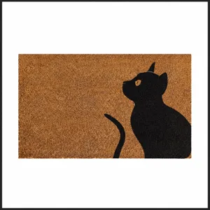 Black cat welcome doormat, cute animal non-slip entrance floor mat for home decor.