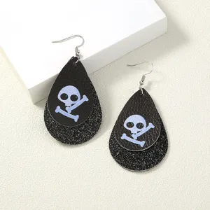 Halloween doppelschichtige Tropfen Ohrringe mit Totenkopf Design Kunstleder Schmuck.
