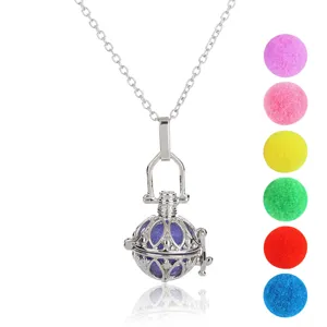 Hollow Aromatherapy Ball Pendant Necklace with Colorful Felt Pom Pom Balls for DIY Jewelry