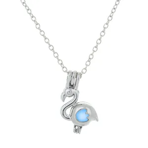 Silver flamingo locket pendant necklace with glowing blue luminous bead for daily wear.