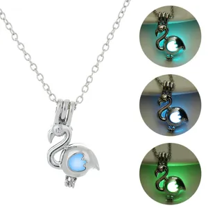 Luminous Swan Flamingo Cage Pendant Necklace For Women Alloy Multi Layer Cross Chain Halloween Glow In The Dark Necklace Jewelry Gift