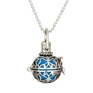 Hollow aromatherapy ball necklace retro silver pendant with blue inner sphere for daily fashion style.
