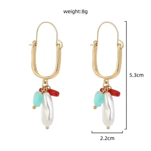 Retro baroque pearl turquoise coral gold drop earrings, elegant size 5.3cm, weight 8g.