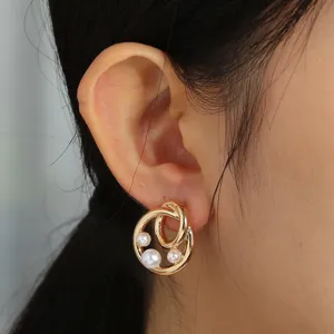Gold interlocked circle earrings with pearl accents for women fashion daily wear