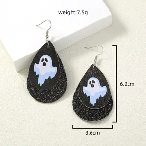 Halloween zweilagige Geist Tropfen Ohrringe, schwarzer Glitzer Kunstleder Modeschmuck.