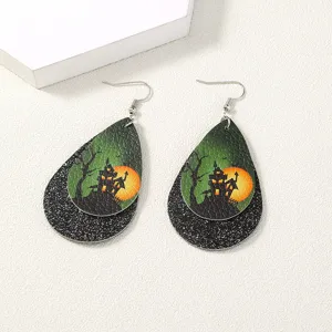 Halloween Tropfen Leder Ohrringe gruselige doppelte Schicht Schloss Design Party Schmuck Geschenke
