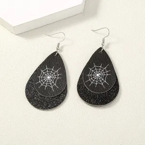 Halloween schwarze Leder-Ohrringe Tropfenform mit Spinnennetz und Glitzer Design.