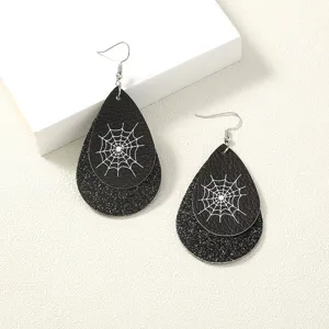 Halloween doppelschichtige Tropfen Ohrringe mit schwarzem Spinnennetz Muster und Glitzer Finish.
