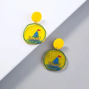 Trendy yellow acrylic sail earrings, cute doodle boat drop earrings for women, chic fun jewelry.