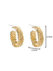 Gold leaf hoop earrings for women, elegant vintage metal statement jewelry, 2.5cm size.